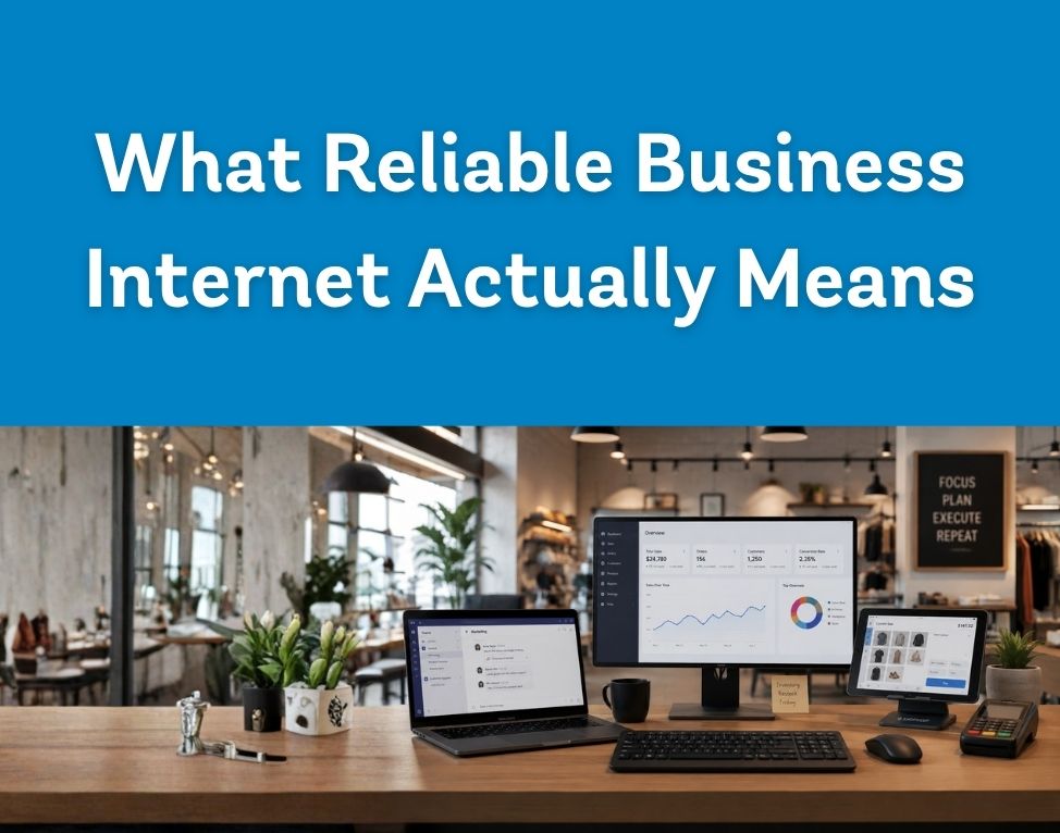 Business workstation with laptop, monitor and payment terminal supporting reliable business internet