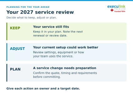 2027 service review: keep services that still fit, adjust settings or equipment to improve performance, and plan service changes. Assign each action an owner and target date.