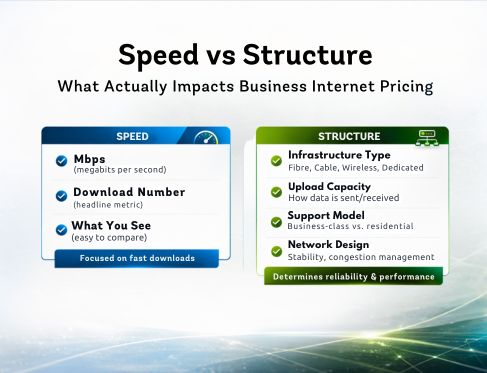 Comparison showing speed versus network structure and how infrastructure, upload capacity, and support model affect business Internet pricing.